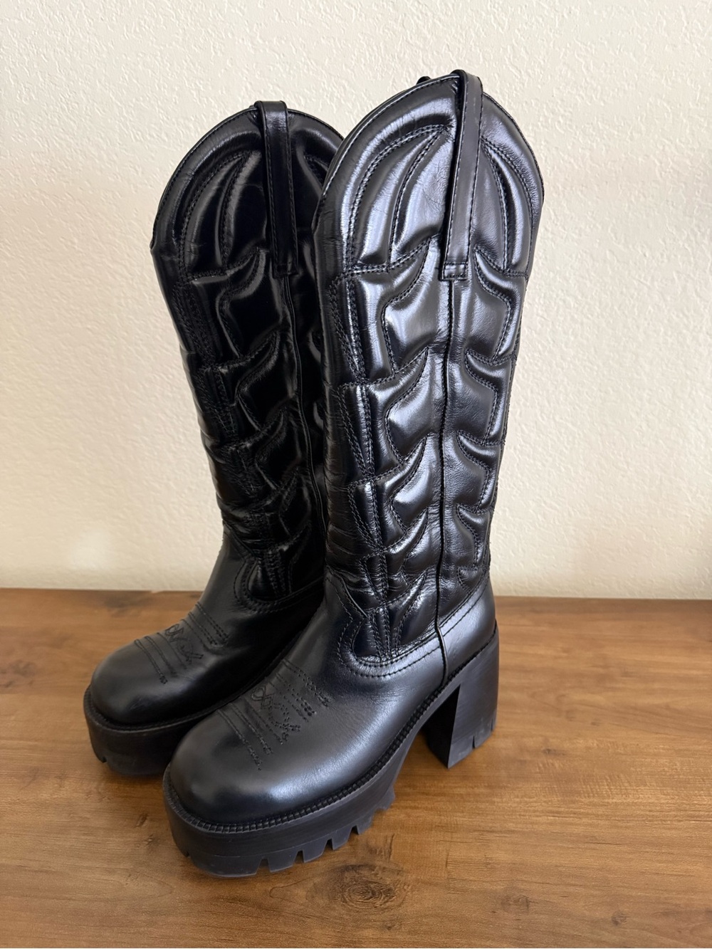 Jeffrey Campbell Black Platform Western Knee-High Boots